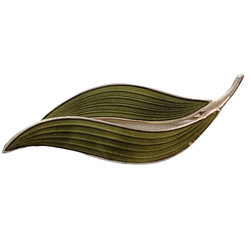 Aksel Holmsen Norway Sterling 925S Green Enamel Leaf Duo Pin, Signed L47